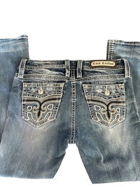 Rock Revival Anzelie Easy Boot Jeans 30x29 Distressed Thick Stitch Fleur De Lis